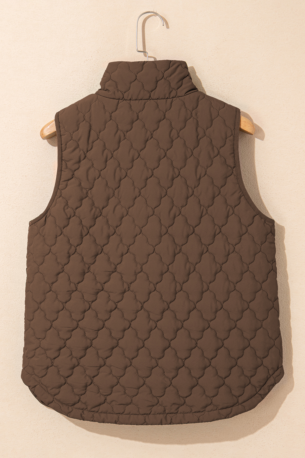 Dark Brown Flower Shape Quilted Snap Button Zip Up Winter Vest - Image 8