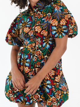 Multicolour Floral Puff Short Sleeve Shirt Mini Dress
