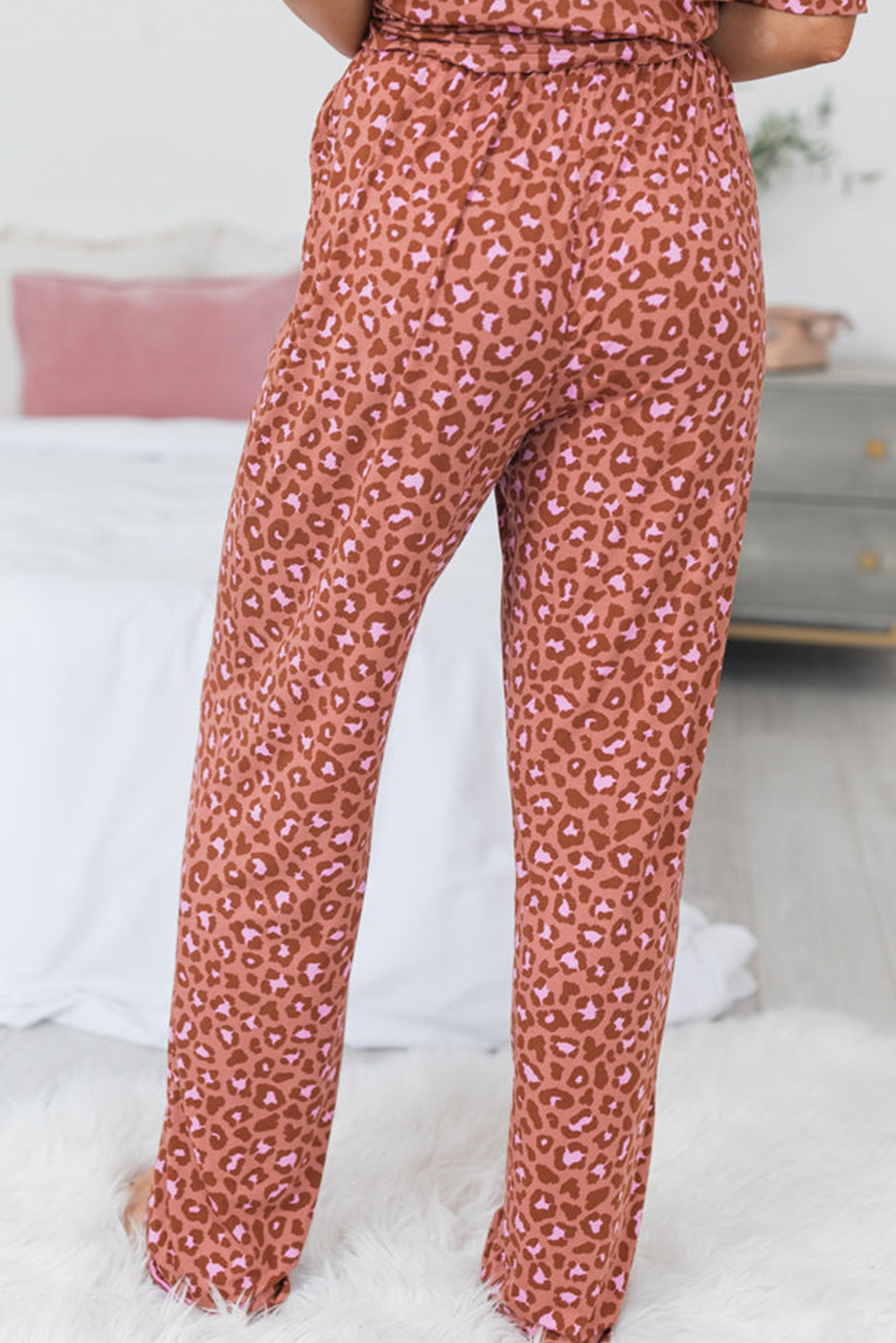 Brown Leopard Print Short Sleeve Shirt and Pants Pajamas Set - Image 4
