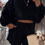 Black Solid Color Textured Knit Drop Shoulder Pullover Drawstring Shorts Set
