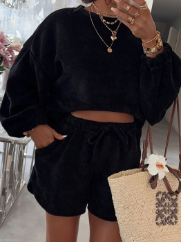 Black Solid Color Textured Knit Drop Shoulder Pullover Drawstring Shorts Set