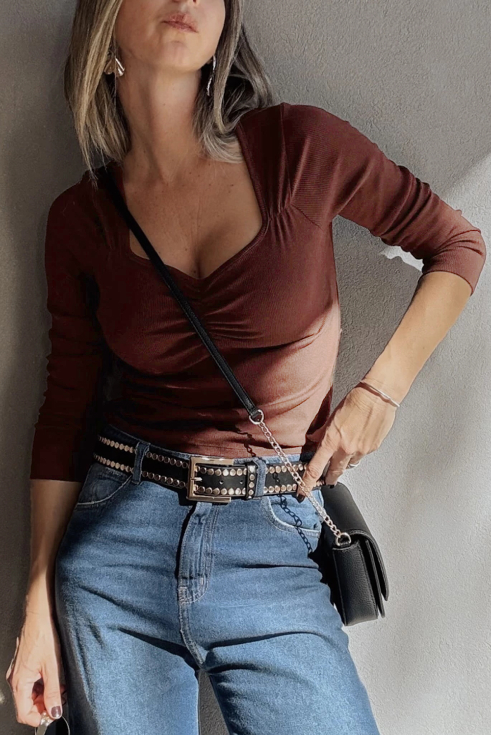 Burgundy Gathered Bust Square Neck Ribbed Fit Long Sleeve Top - Image 4