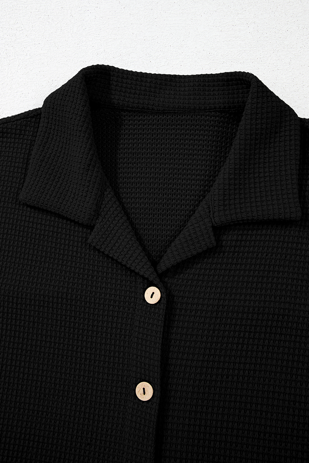 Black Solid Color Textured Buttoned Shirt and Casual Pants Set - Image 7