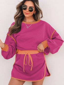 Rose Red Color Contrast Loose Pullover and Lace-up Waist Skort Set