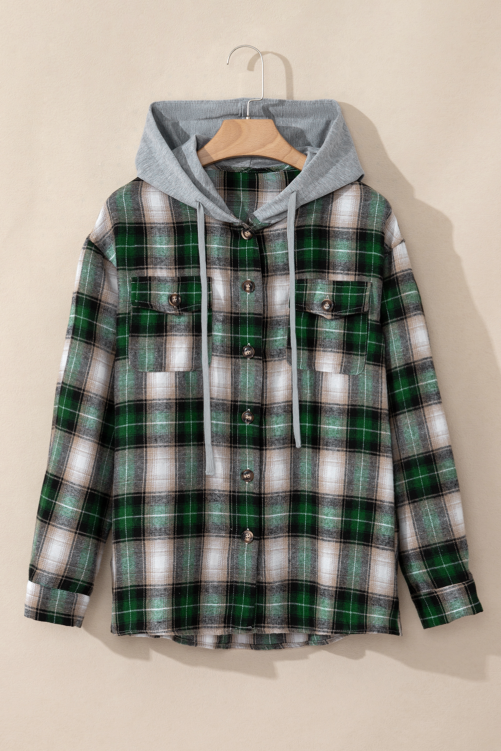 Green Plaid Print Chest Pocket Buttoned Hooded Shacket - Image 3