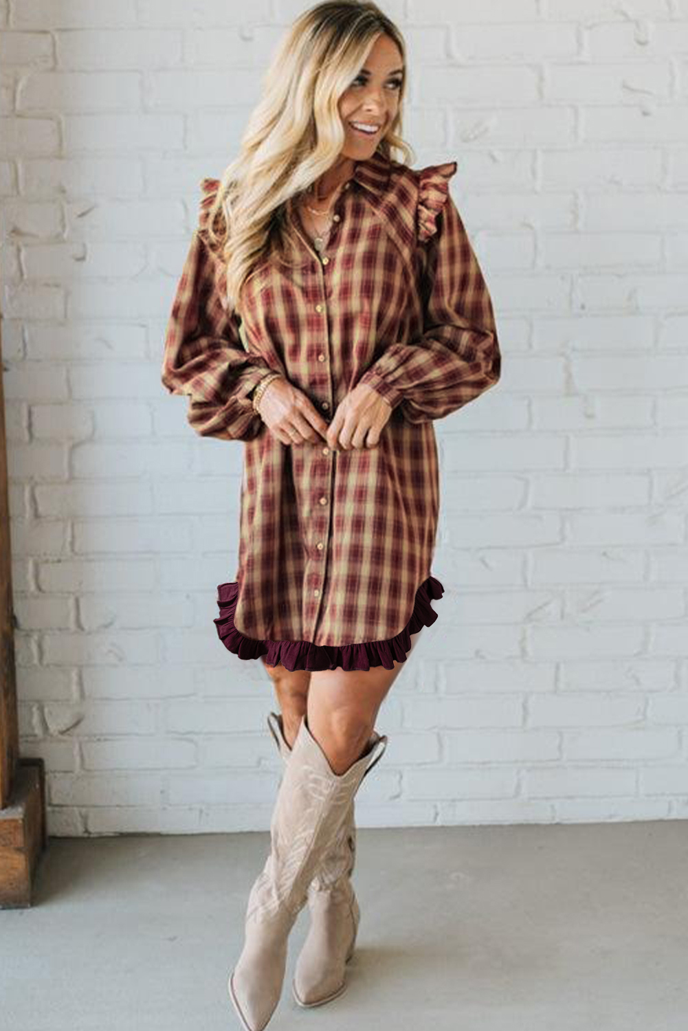 Red Plaid Print Ruffled Long Sleeve Patchwork Hem Mini Shirt Dress - Image 4