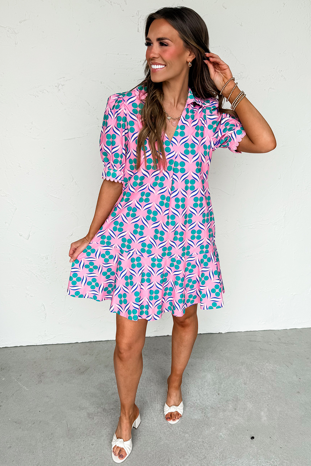 Pink Geometric Floral Print V Neck Ricrac Trim Short Sleeve Mini Dress - Image 6