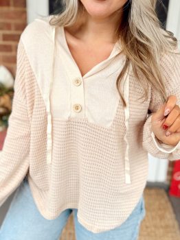 Oatmeal Waffle Patchwork Drop Shoulder Hooded Long Sleeve Top