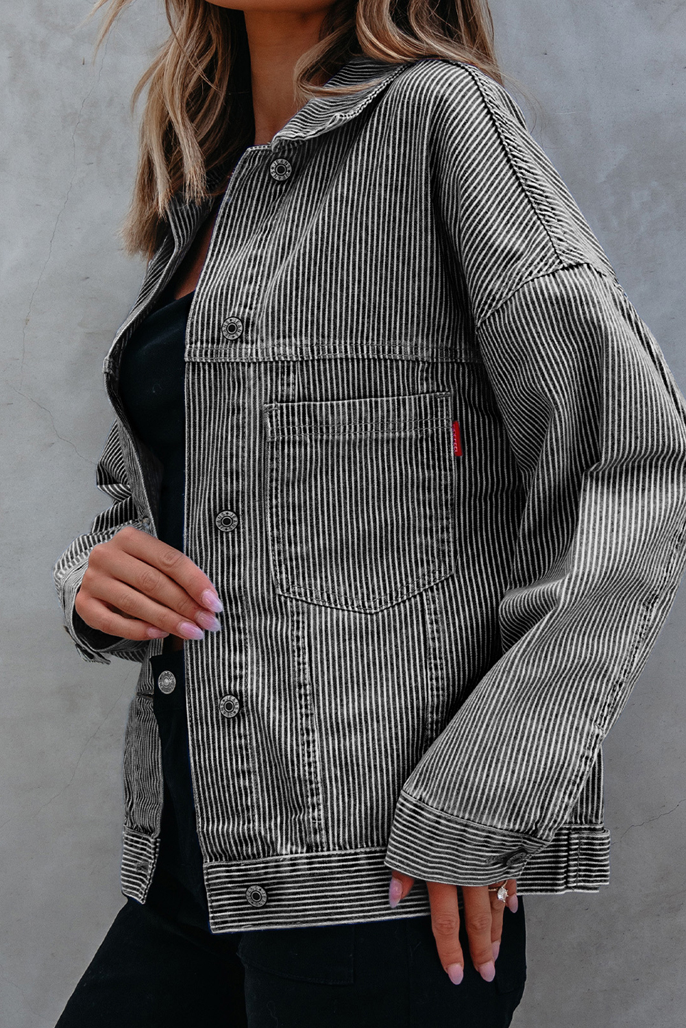 Blue Stripe Washed Oversize Pocketed Denim Jacket - Image 3