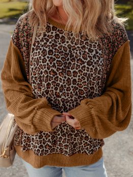 Brown Leopard Floral Print Ribbed Puff Sleeve Patchwork Loose Pullover
