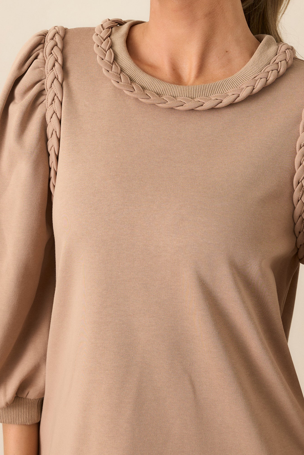 Light French Beige Braided Trim Puff Sleeve Dress - Image 4