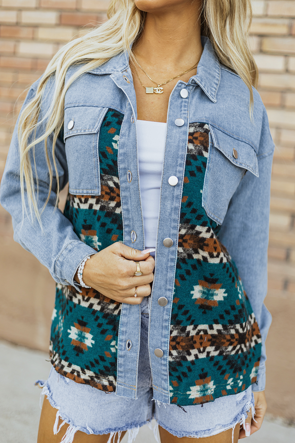 Blue Aztec Printed Denim Jacket - Image 7