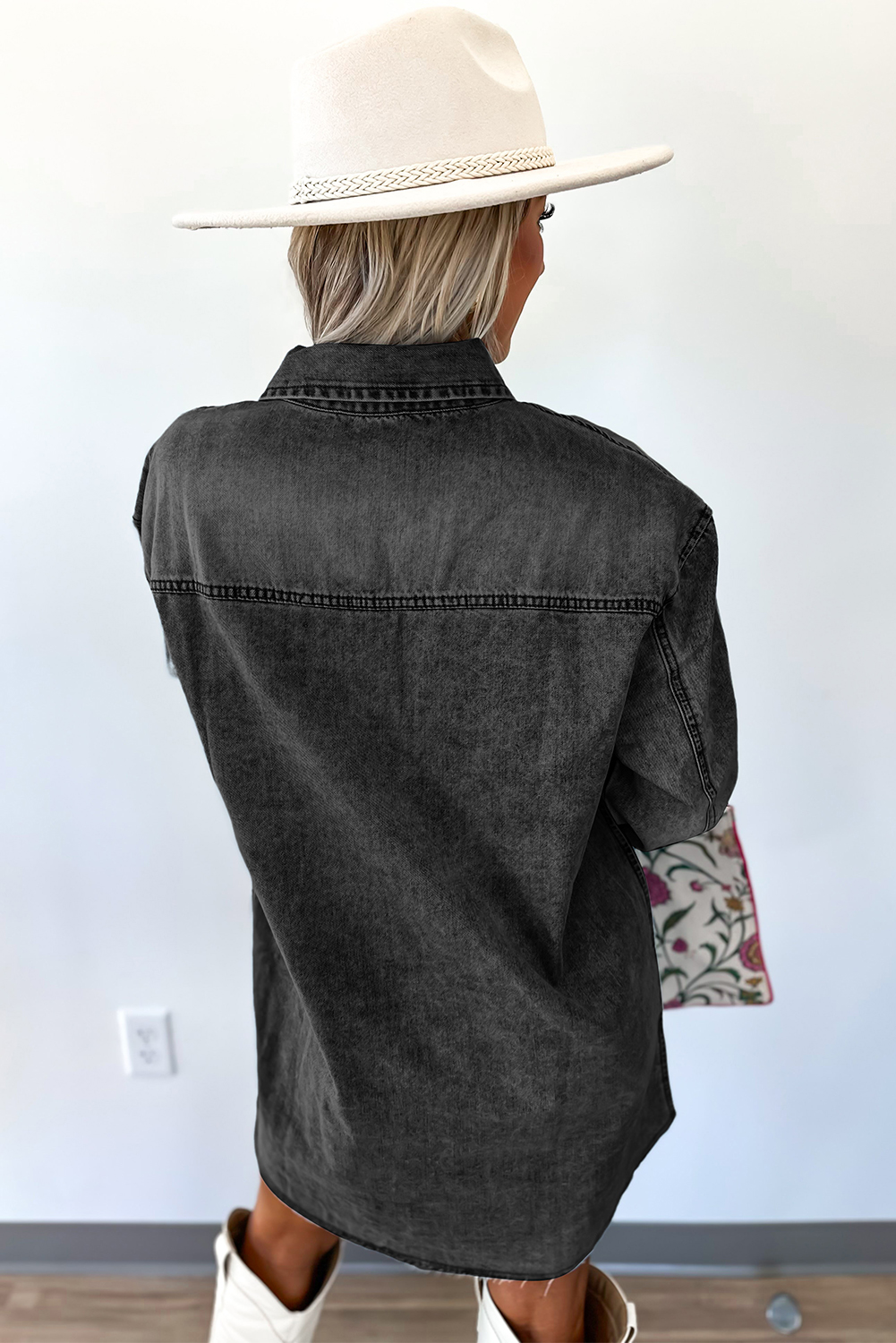 Medium Grey Beau Chest Pocket Raw Hem Denim Loose Shirt Dress - Image 2