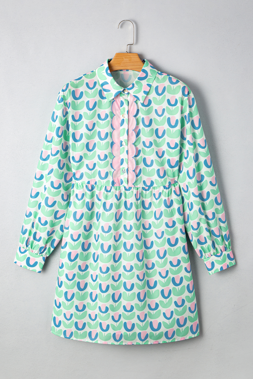 Green Floral Print Notched Neck Scalloped Detail Long Sleeve Mini Dress - Image 7