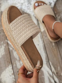 White Boho Woven Non-slip Wedge Slippers