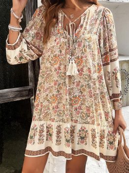 Apricot Floral Print Tassel Drawstring V Neck Loose Mini Dress