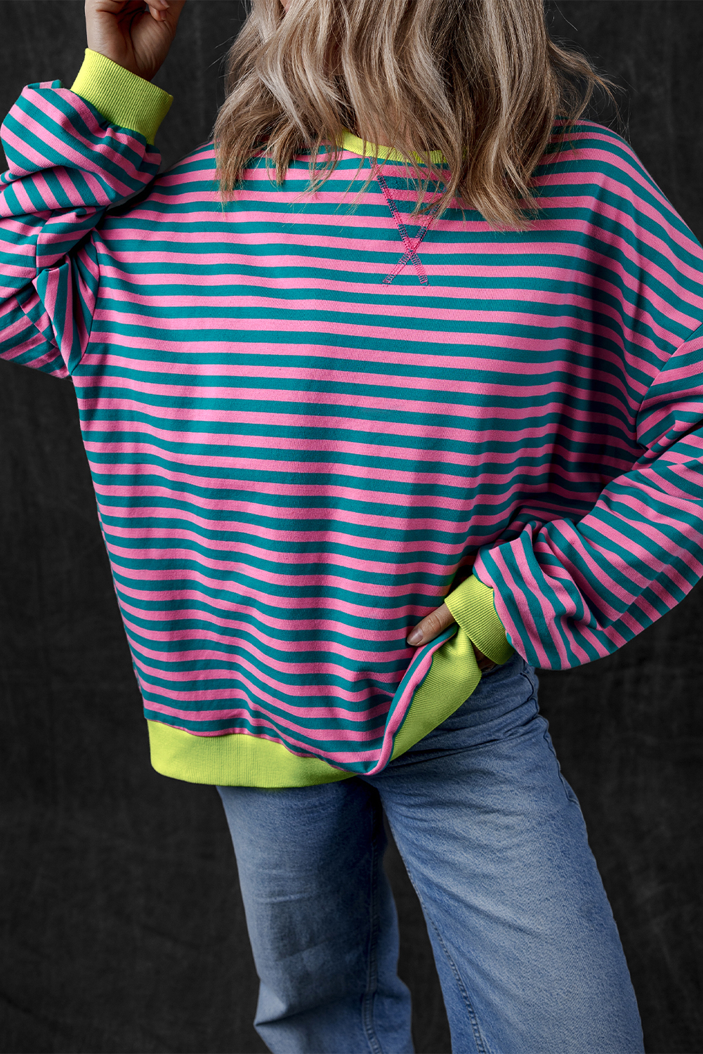 Green Stripe Oversized Contrast Trim Pullover Sweatshirt - Image 6
