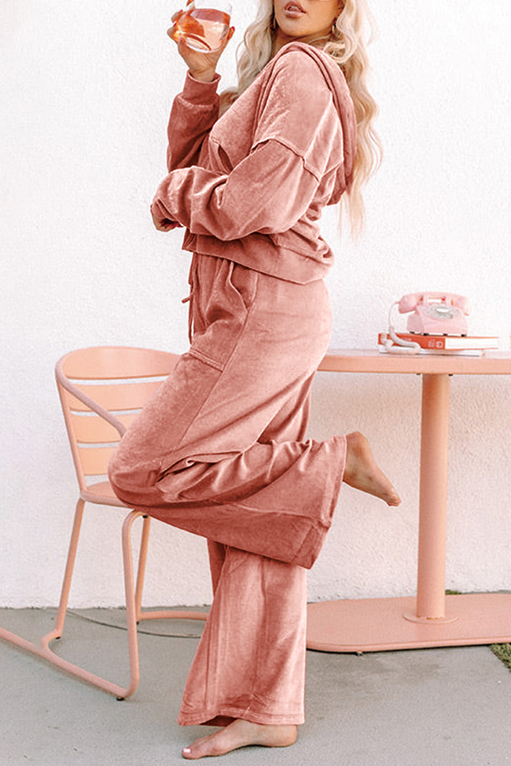 Peach Blossom Velvet Zip-up Hoodie and Wide Leg Pants Set - Image 4