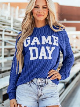 Bluing Corded GAME DAY Graphic Long Sleeve Crewneck Top