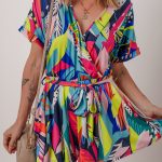 Multicolour Tropical Printed Surplice Neck Tie Waist Romper