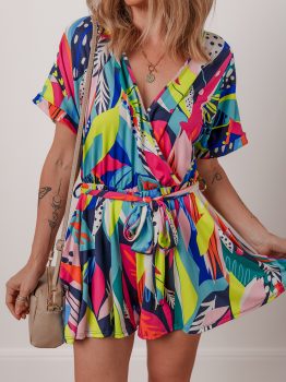 Multicolour Tropical Printed Surplice Neck Tie Waist Romper