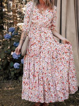 Red Boho Half Sleeve Floral V Neck Maxi Dress
