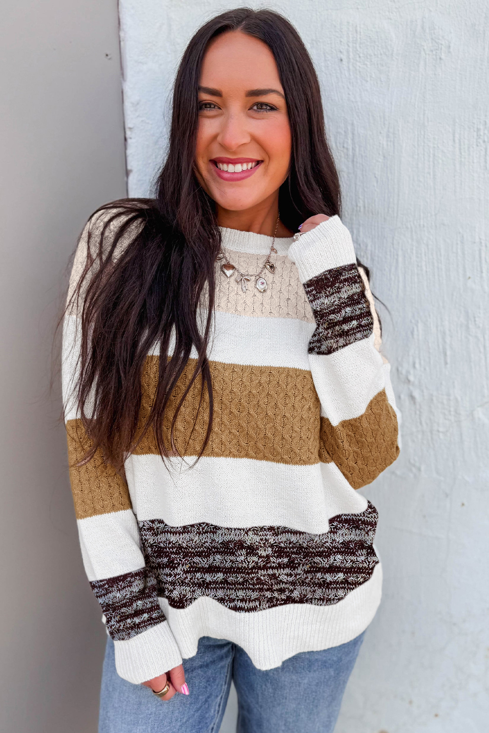 Brown Mixed Texture Knit Striped Color Block Loose Sweater - Image 7