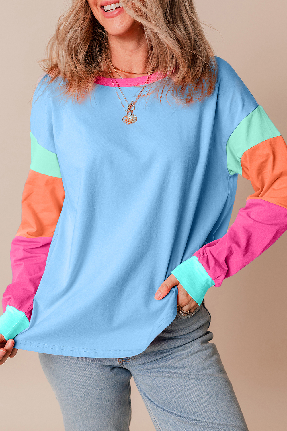 Dark Blue Colorblock Patchwork Long Sleeve Loose Top - Image 5
