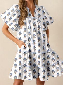 Sky Blue Floral Puff Sleeve Tied Neck Pocketed Mini Dress