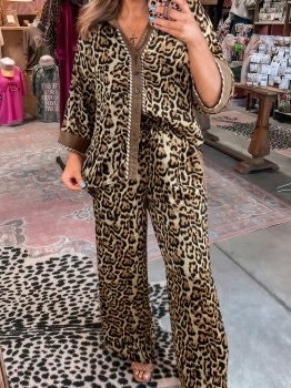 Brown Leopard Collared 3/4 Sleeve Shirt and Loose Pants Two Piece Outfit Set