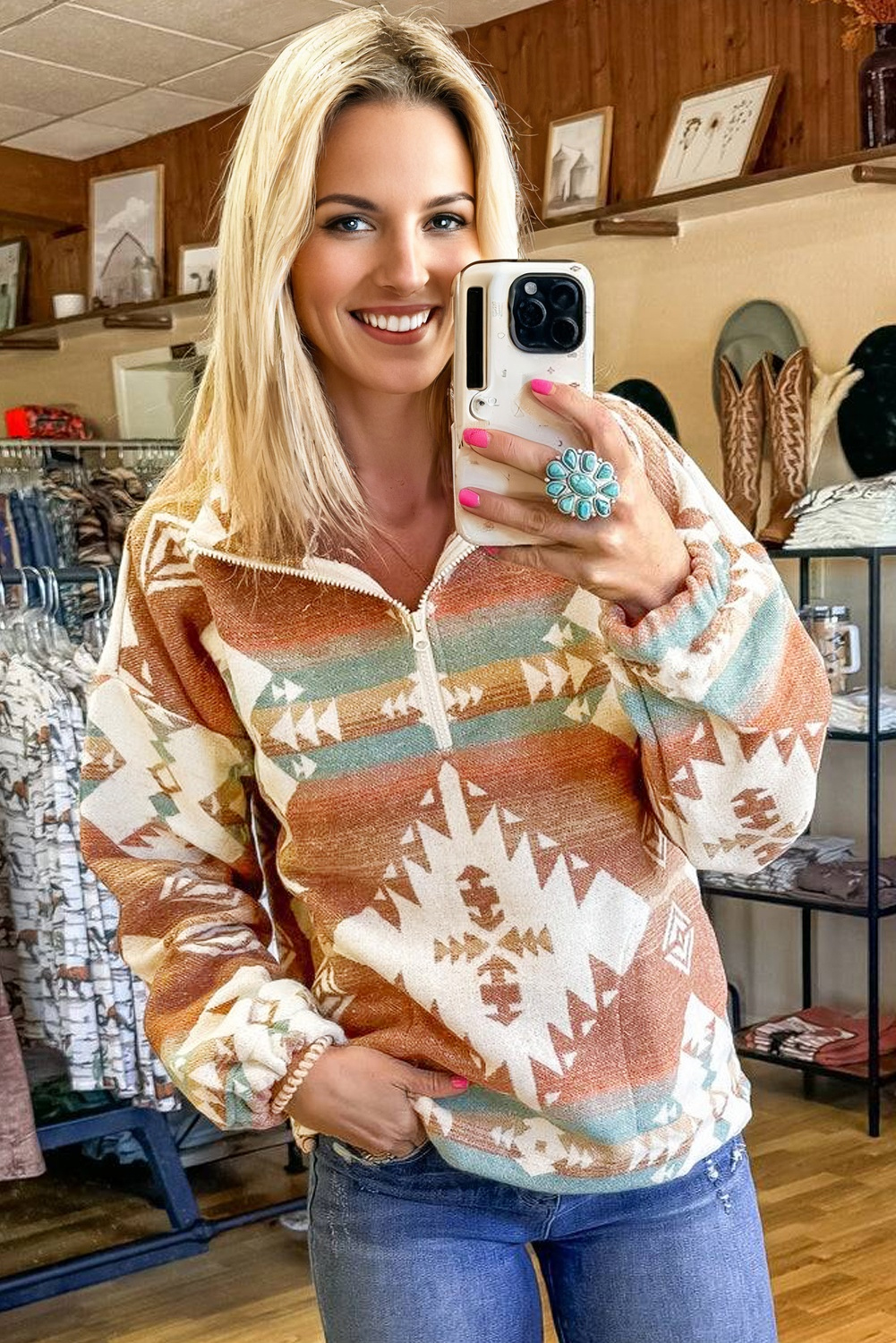 Khaki Quarter Zip Elastic Cuffs Aztec Sweatshirt - Image 3