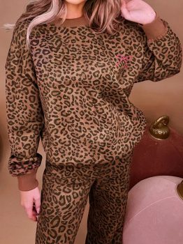 Coffee Leopard Print Contrast Trim Long Sleeve Top and Pants Set