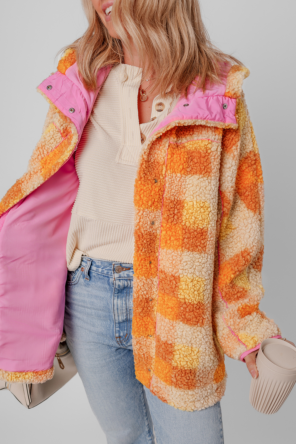 Orange Checkered Sherpa Hooded Jacket - Image 7