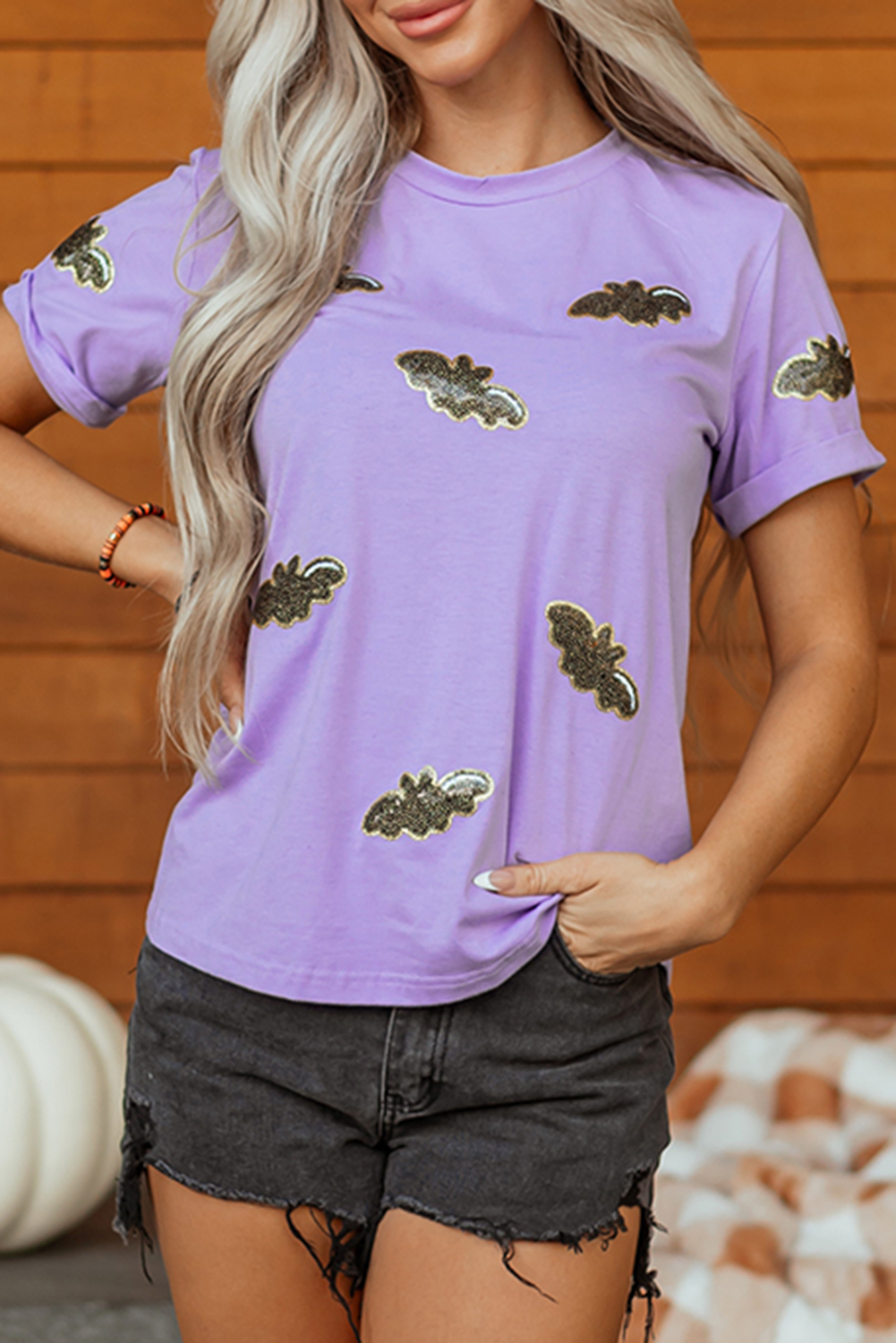 Wisteria Sequin Halloween Bat Patched Casual T Shirt - Image 3