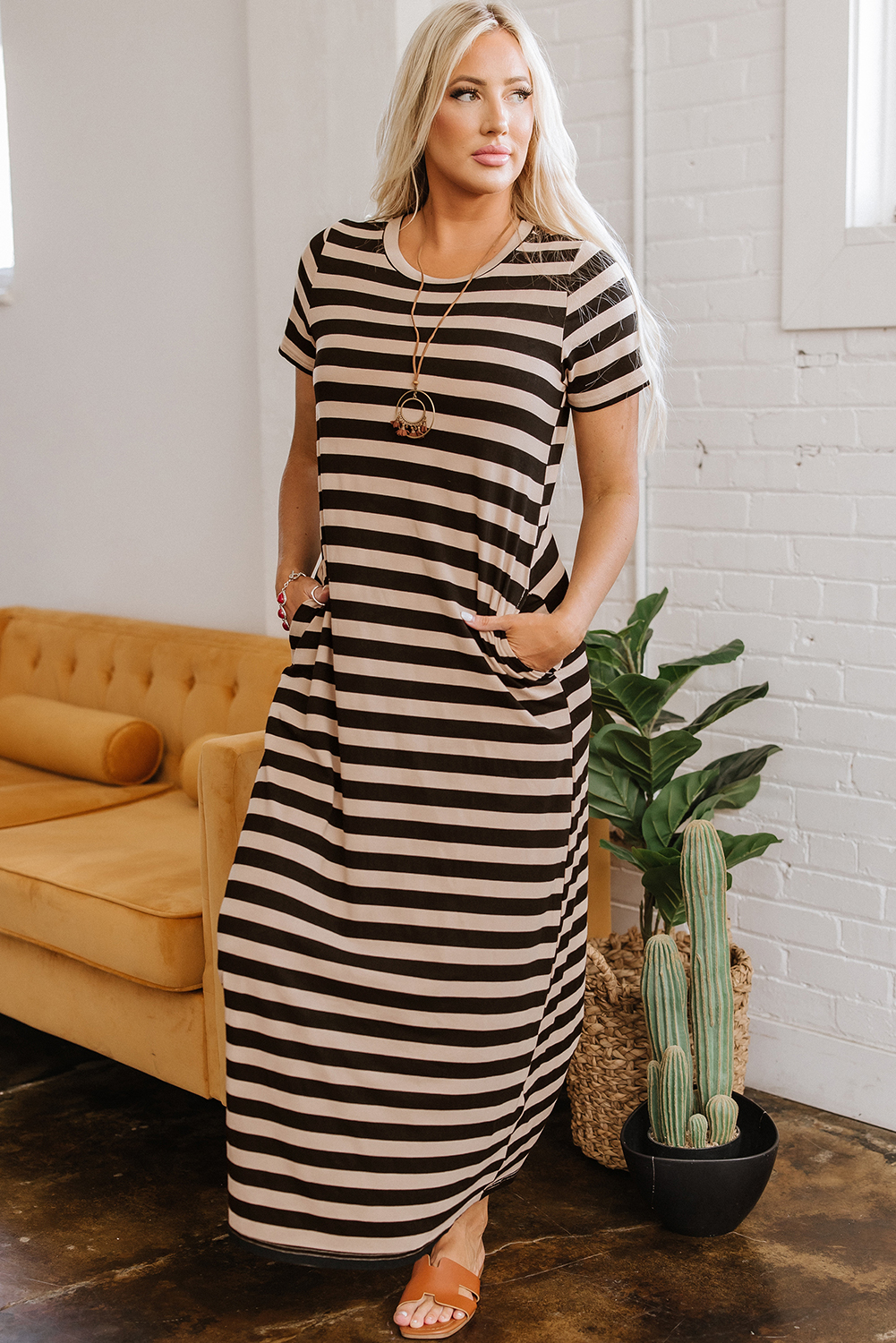Black Stripe Casual Round Neck T-shirt Maxi Dress with Pockets - Image 5