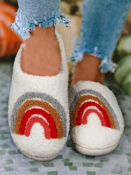 Bright White Rainbow Plush Winter Home Slippers