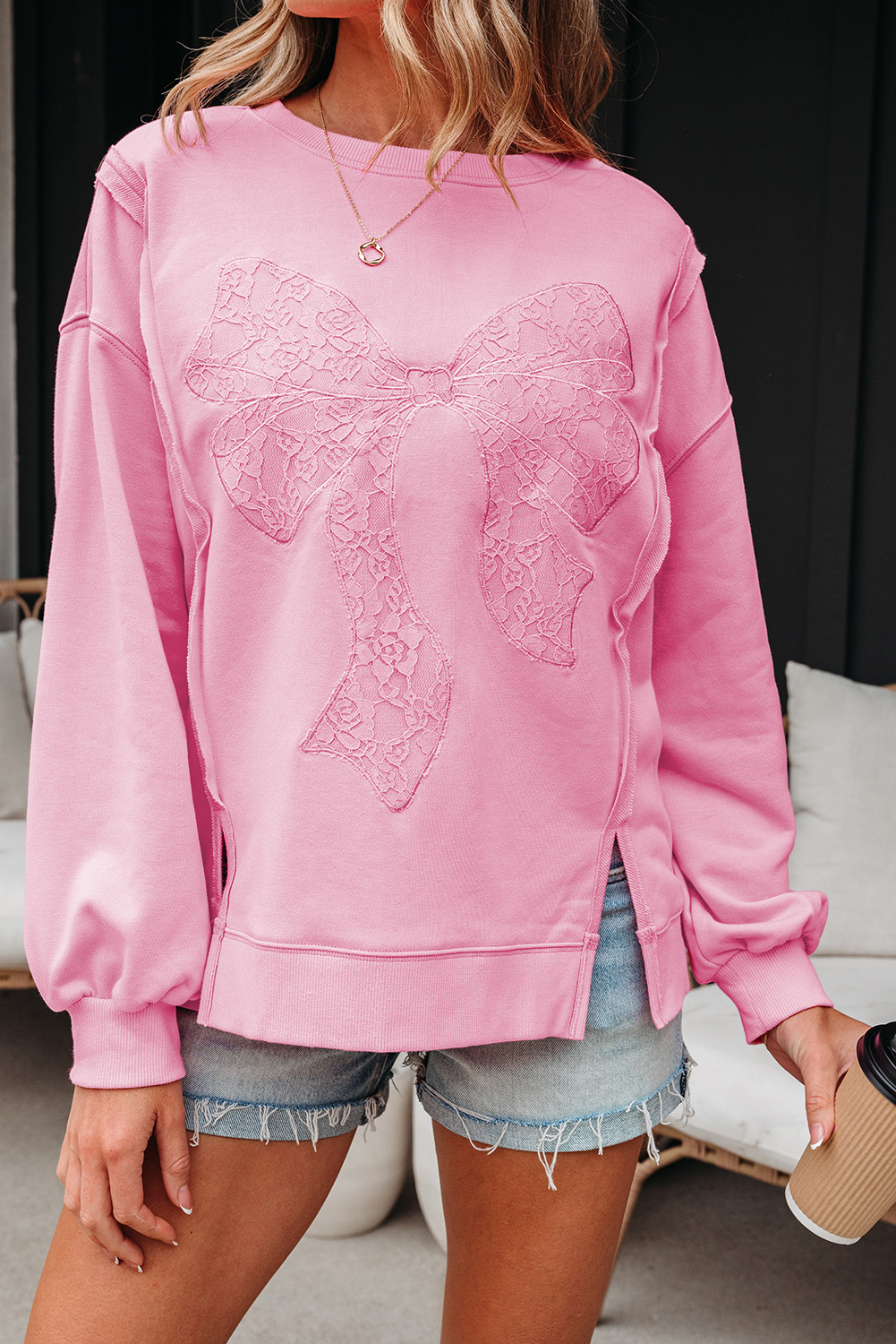 Bonbon Lace Insert Bow Embroidered Exposed Seam Sweatshirt - Image 7