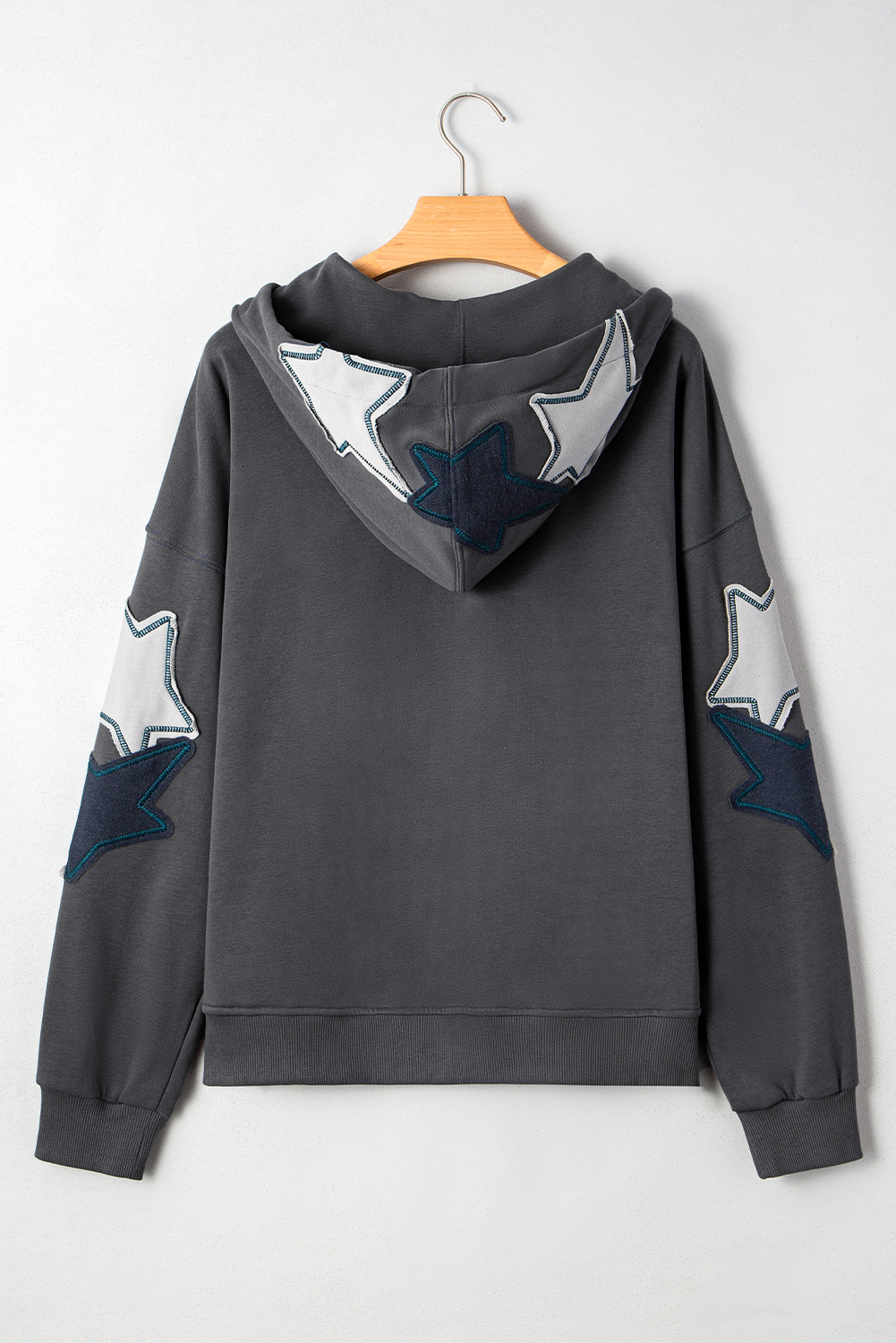 Carbon Grey Star Patchwork Contrast Stitching Mineral Wash Kangaroo Pocket Vintage Hoodie - Image 6