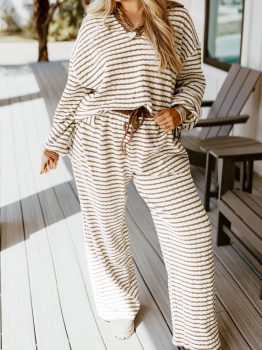 Khaki Stripe Plus Size Collared V Neck Loose Pullover Drawstring Elastic Waist Wide Leg Pant Set