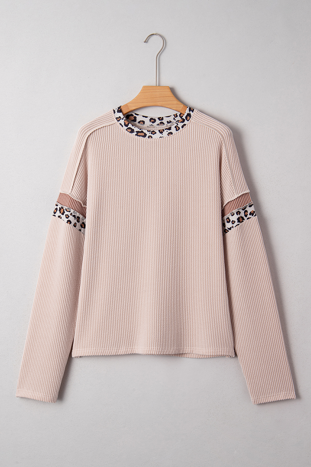 Beige Twist Ribbed Leopard Color Block Detail Drop Shoulder Long Sleeve Top - Image 4
