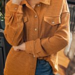 Russet Orange Flap Pocket Textured Knit Solid Color Casual Shacket