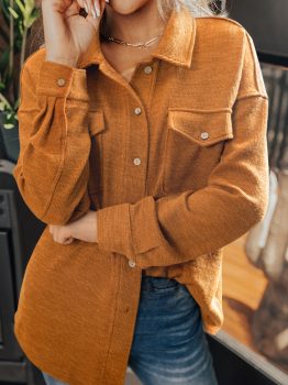 Russet Orange Flap Pocket Textured Knit Solid Color Casual Shacket
