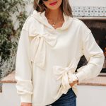 White Solid Color Cute Bow Detail Loose Hoodie