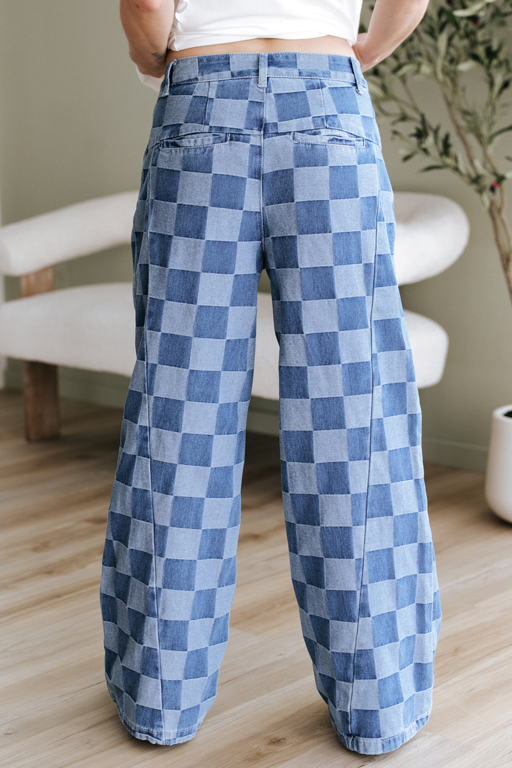 Dusk Blue Checkered Denim Wide Leg Jeans - Image 2