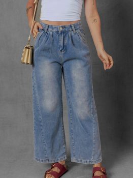Ashleigh Blue Washed Pleated Detail Wide Leg Jeans