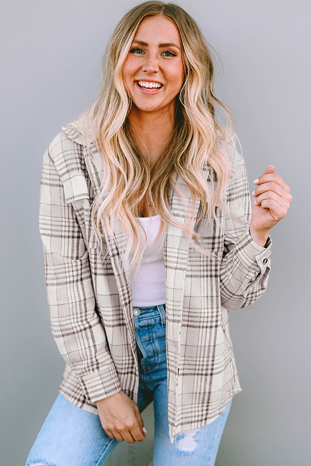 Khaki Plaid Removable Hood Buttoned Shacket - Image 6