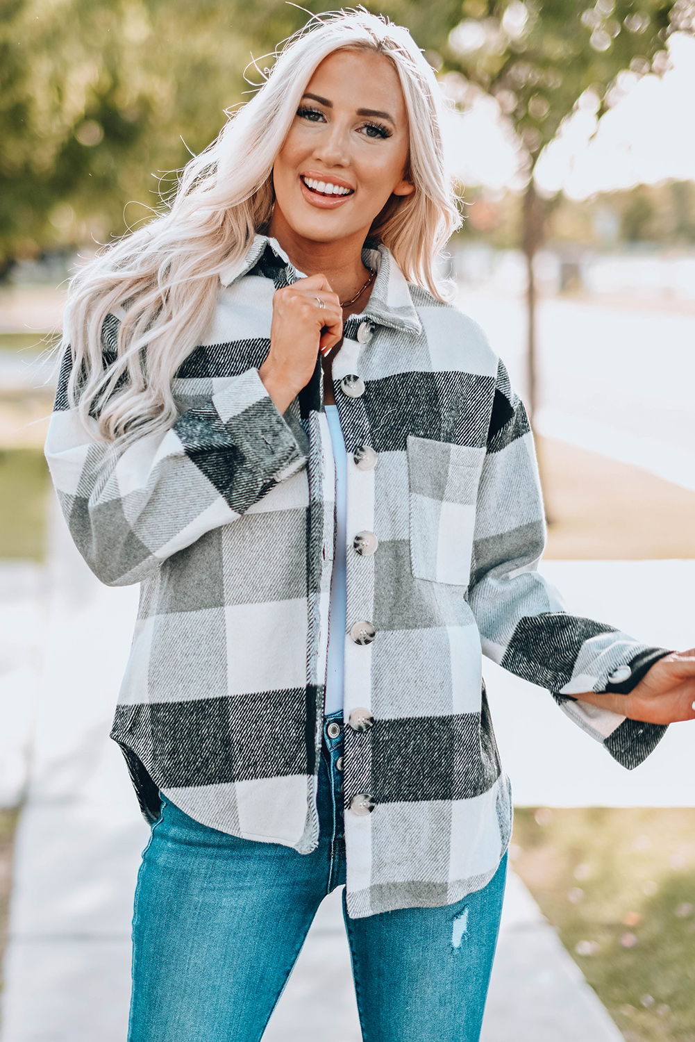 Gray Plaid Color Block Buttoned Long Sleeve Jacket with Pocket - Image 5