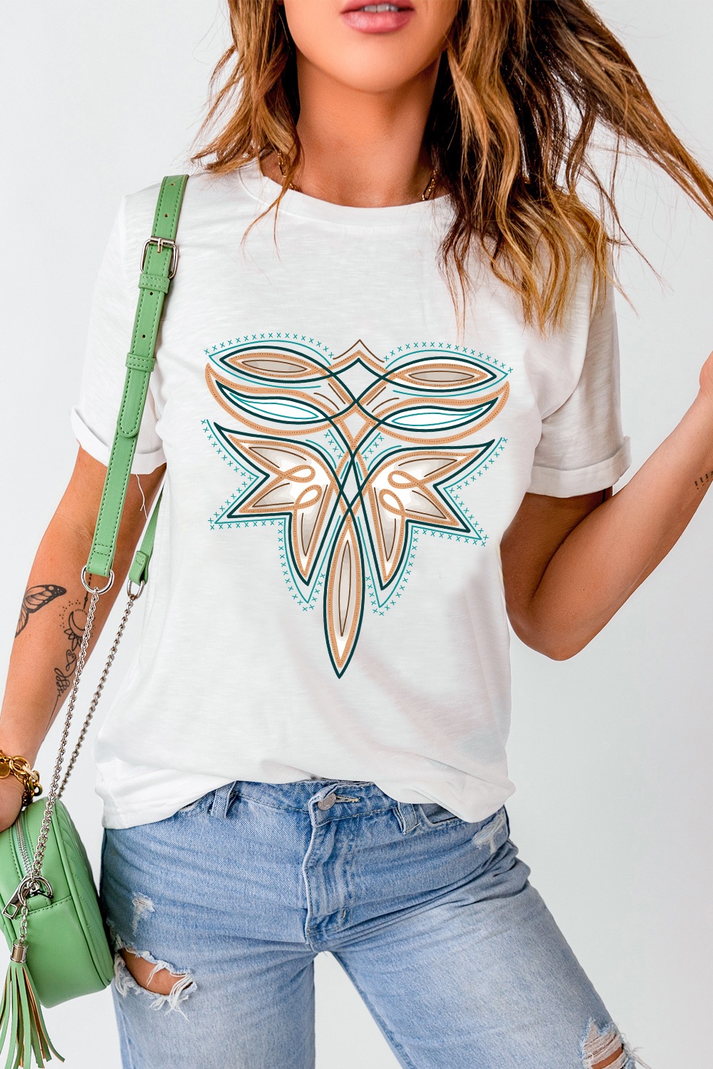 White Western Stitch Pattern Printed Cotton Blend Tee - Image 5