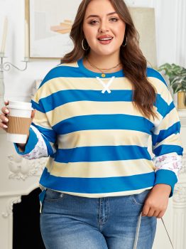 Blue Stripe Floral Color Block Drop Shoulder Plus Size Pullover Top