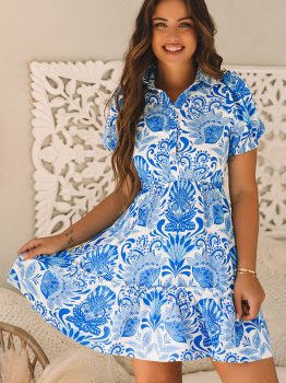 Sky Blue Retro Floral Print Drawstring Waist Ruffled Mini Dress
